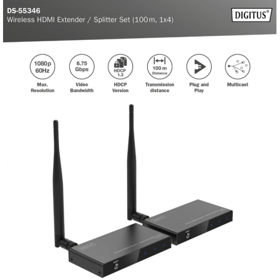 Wireless HDMI Extender/Splitter Set 1x4 100M Full HD Digitus DS-55346