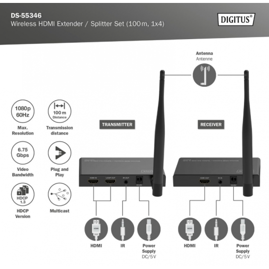 Wireless HDMI Extender/Splitter Set 1x4 100M Full HD Digitus DS-55346