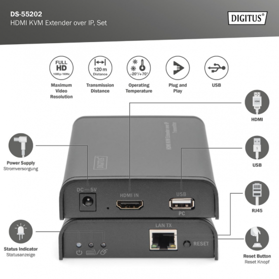 HDMI KVM Extender 120M Full HD 1080P me Cat 5, 5E, 6 Digitus DS-55202